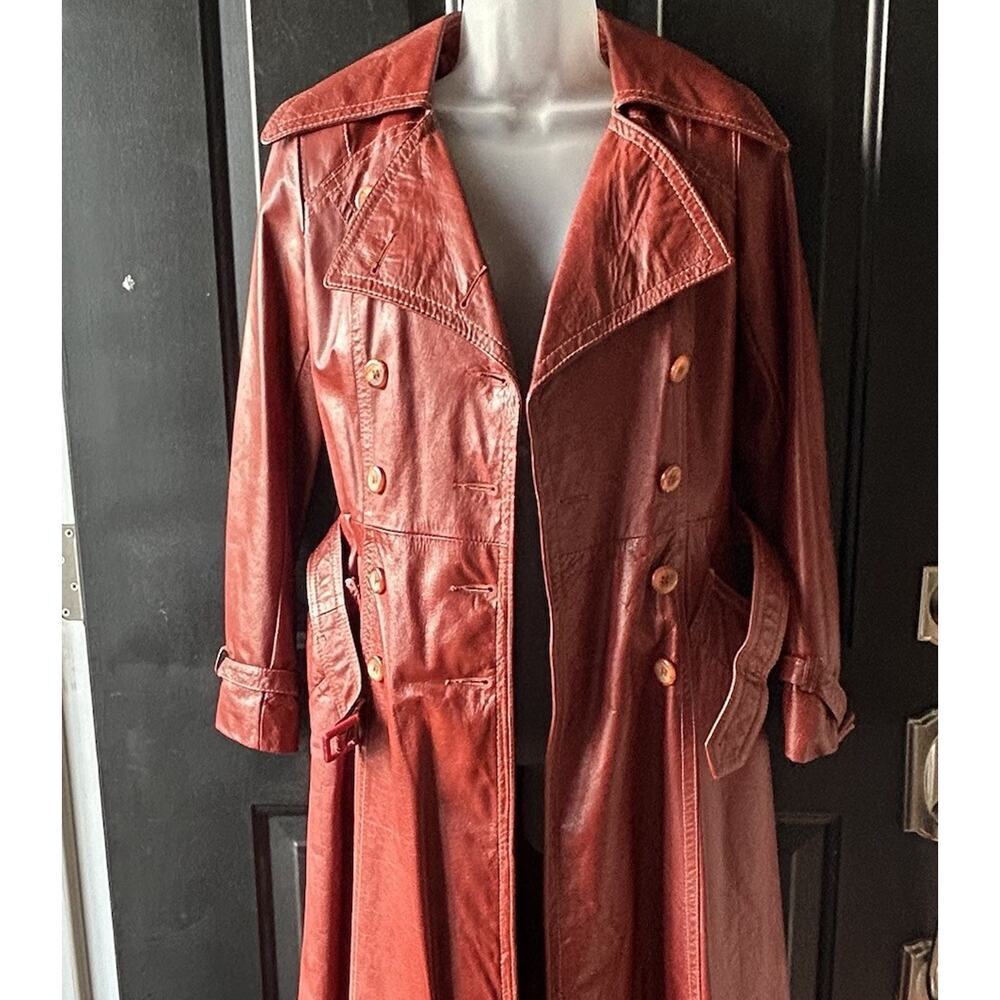 VTG 70s Sears JR Bazaar Leather Trench Coat Women's 7 Rust Red Retro Chic Disco - Picture 5 of 16